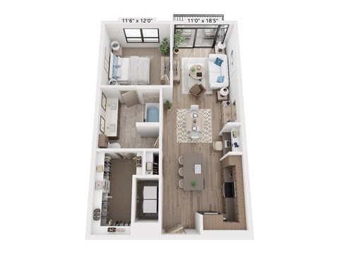 Floor plan for 1 bed, 1 bath, 890 sqft